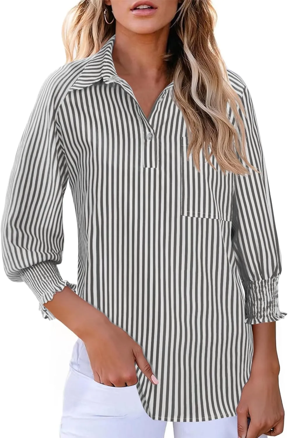 Kistore Womens Button Down Shirts 3/4 Sleeve Smocked Cuffed Business Work Tunic Top with Pocket Collared Blouses