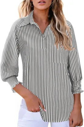 Kistore Womens Button Down Shirts 3/4 Sleeve Smocked Cuffed Business Work Tunic Top with Pocket Collared Blouses