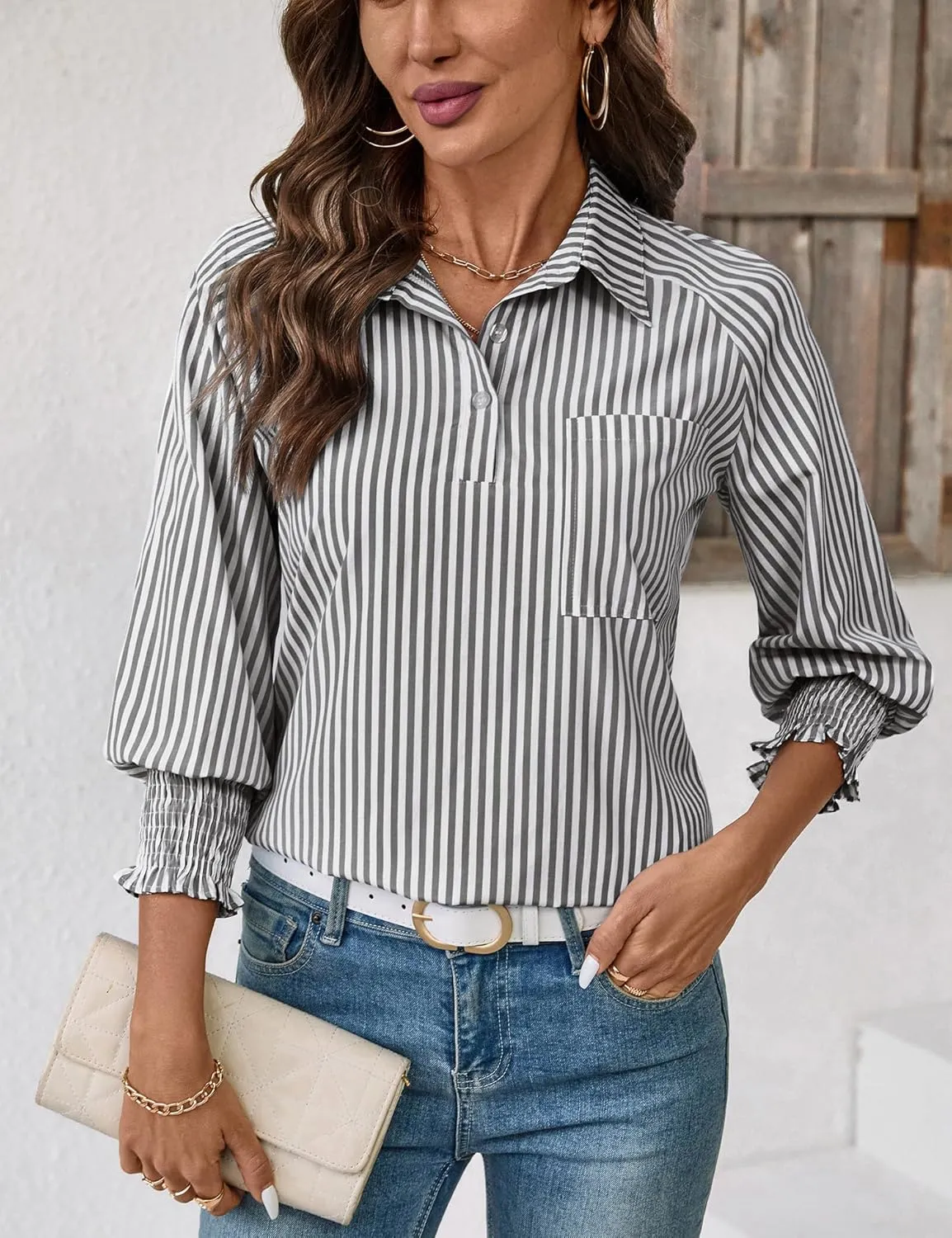 Kistore Womens Button Down Shirts 3/4 Sleeve Smocked Cuffed Business Work Tunic Top with Pocket Collared Blouses