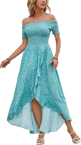 Kormei Women Short Sleeve Off Shoulder Floral High Low Flowy Summer Party Long Maxi Dress