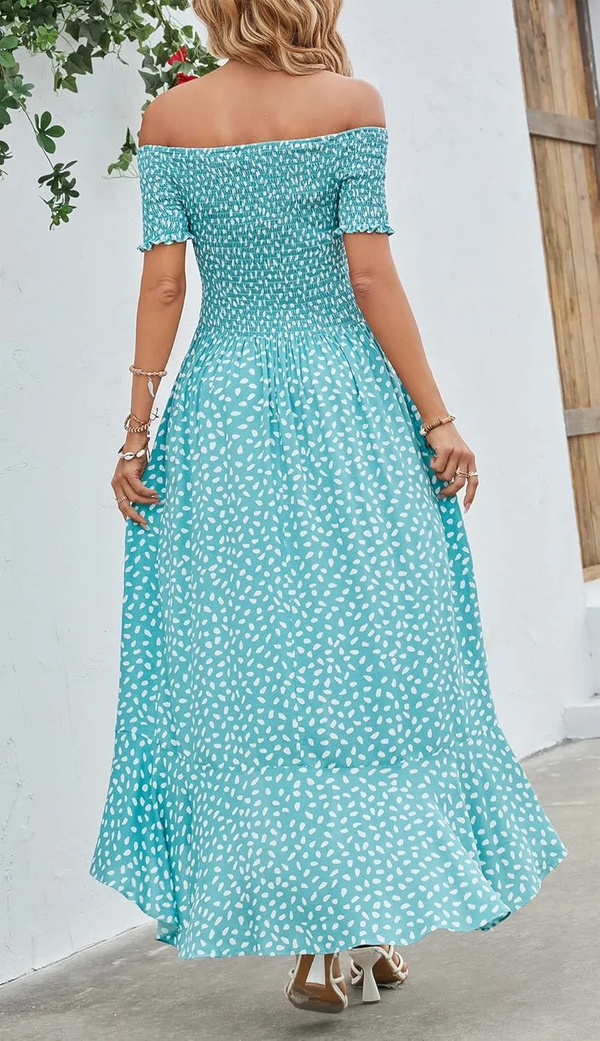 Kormei Women Short Sleeve Off Shoulder Floral High Low Flowy Summer Party Long Maxi Dress