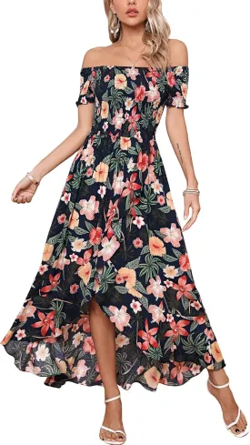 Kormei Women Short Sleeve Off Shoulder Floral High Low Flowy Summer Party Long Maxi Dress