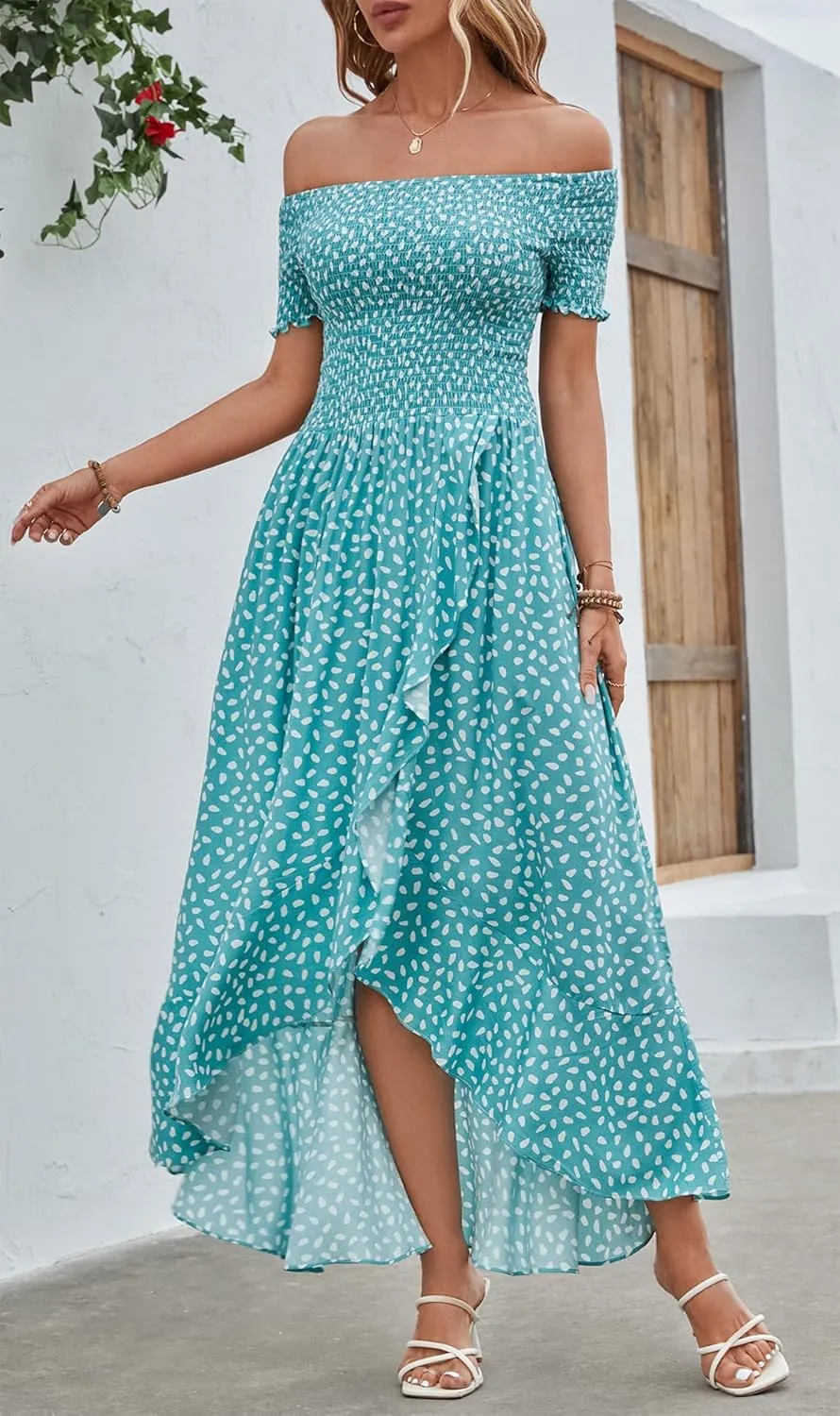 Kormei Women Short Sleeve Off Shoulder Floral High Low Flowy Summer Party Long Maxi Dress
