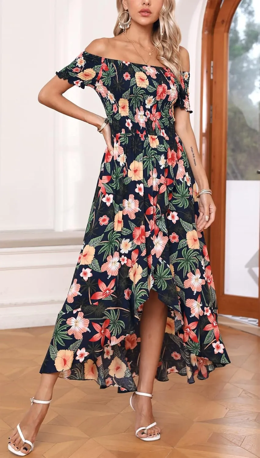 Kormei Women Short Sleeve Off Shoulder Floral High Low Flowy Summer Party Long Maxi Dress
