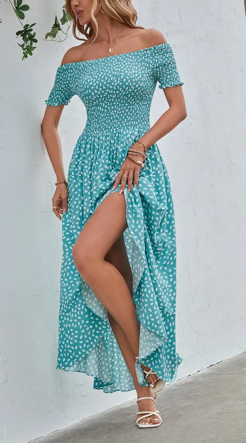 Kormei Women Short Sleeve Off Shoulder Floral High Low Flowy Summer Party Long Maxi Dress