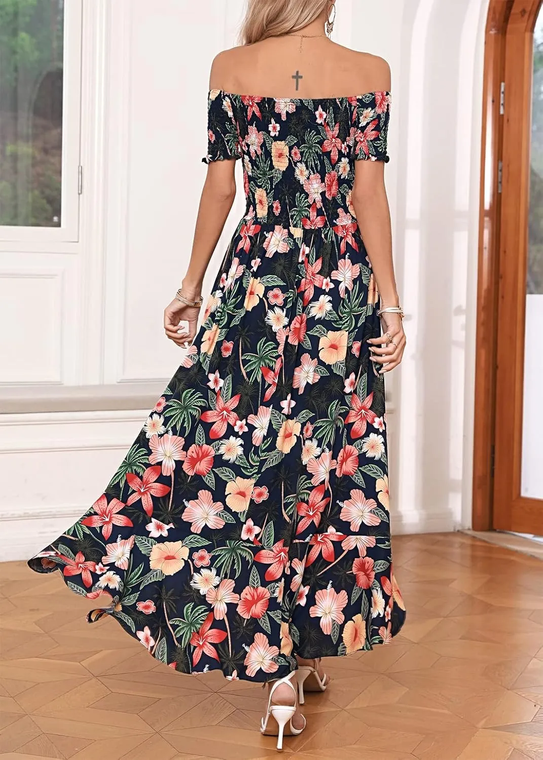Kormei Women Short Sleeve Off Shoulder Floral High Low Flowy Summer Party Long Maxi Dress