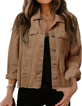 LONGBIDA Women's Jean Jacket Frayed Washed Button Up Cropped Denim Jacket With Pockets LONGBIDA Women's Jean Jacket Frayed Washed Button Up Cropped Denim Jacket With Pockets