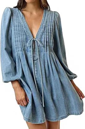 loveimgs Women Denim Jean Romper Overall Shorts Tie Front Pleated Romper Dress Deep V Neck Puff Sleeve Jumpsuit