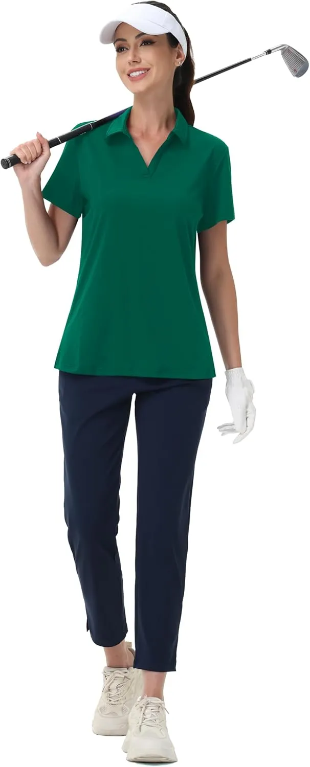 MAGCOMSEN Women's Golf Shirts Short Sleeve Polo Collared Tennis Shirt V Neck Quick Dry Sun Protection UPF 50 