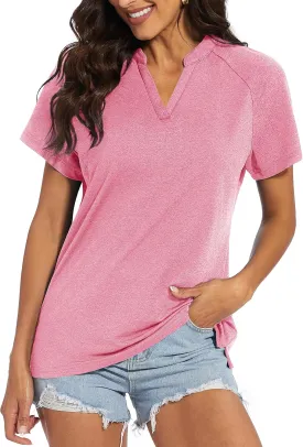 MAGCOMSEN Women's Polo Shirts V Neck UPF 50  Short Sleeve T Shirts Collarless Sun Protection Quick Dry Golf Tennis Tops