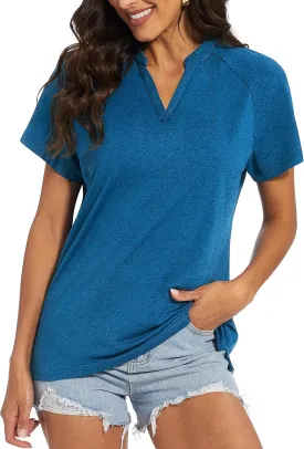 MAGCOMSEN Women's Polo Shirts V Neck UPF 50  Short Sleeve T Shirts Collarless Sun Protection Quick Dry Golf Tennis Tops
