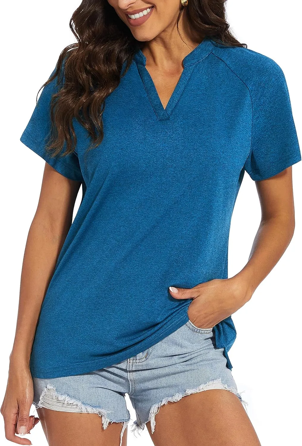 MAGCOMSEN Women's Polo Shirts V Neck UPF 50  Short Sleeve T Shirts Collarless Sun Protection Quick Dry Golf Tennis Tops