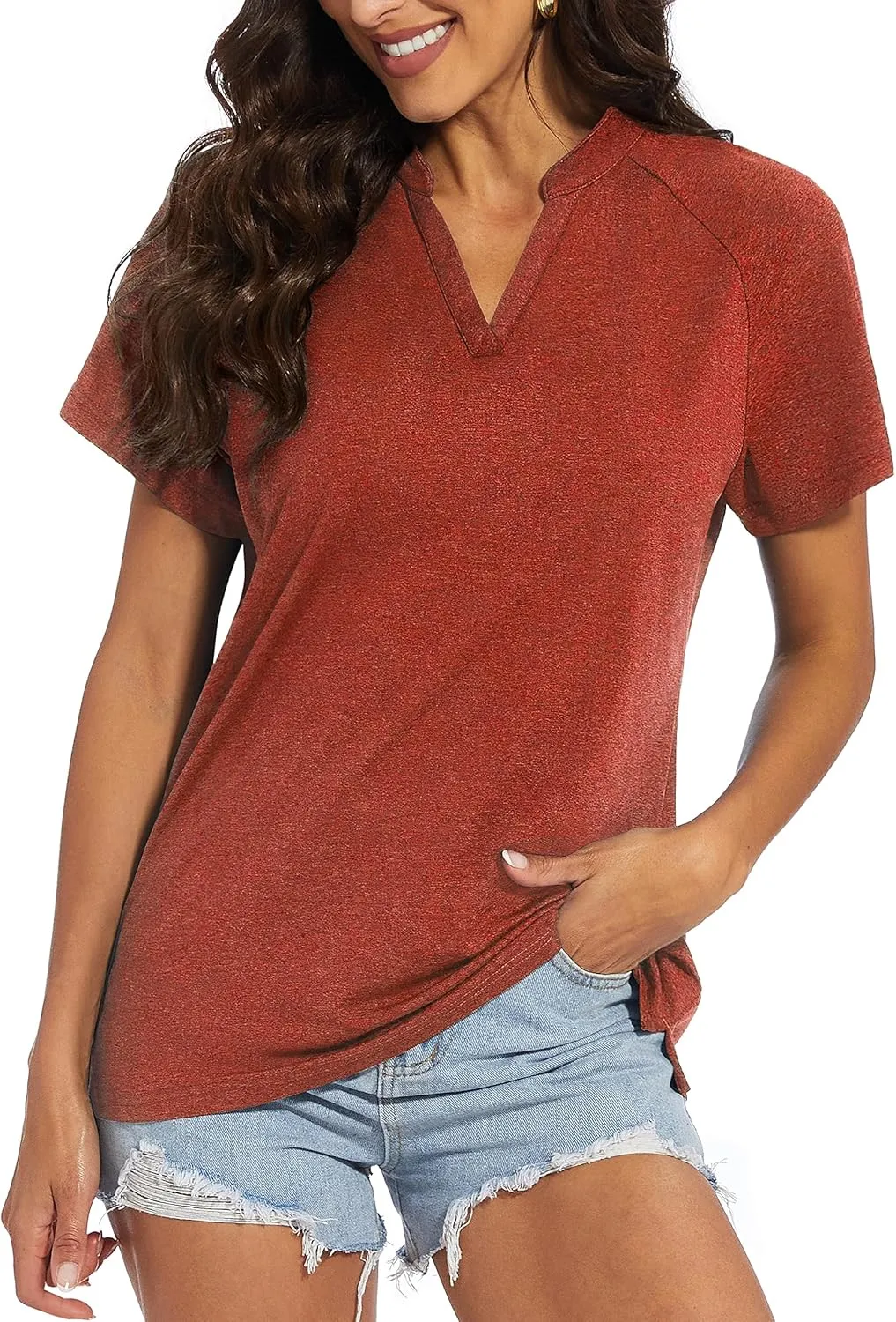 MAGCOMSEN Women's Polo Shirts V Neck UPF 50  Short Sleeve T Shirts Collarless Sun Protection Quick Dry Golf Tennis Tops