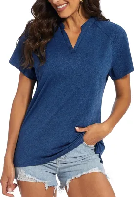 MAGCOMSEN Women's Polo Shirts V Neck UPF 50  Short Sleeve T Shirts Collarless Sun Protection Quick Dry Golf Tennis Tops