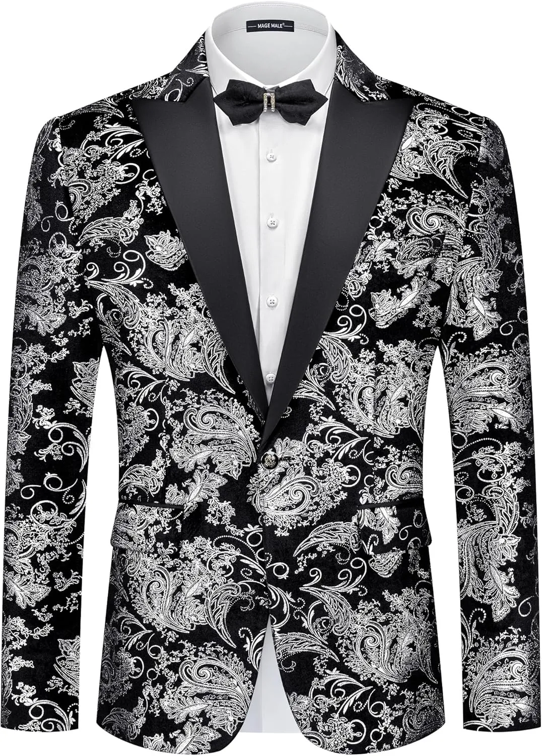 MAGE MALE Men's Velvet Floral Tuxedo Peak Lapel One Button Dinner Party Prom Wedding Suit Jacket