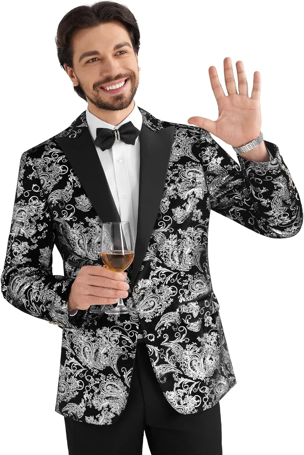 MAGE MALE Men's Velvet Floral Tuxedo Peak Lapel One Button Dinner Party Prom Wedding Suit Jacket