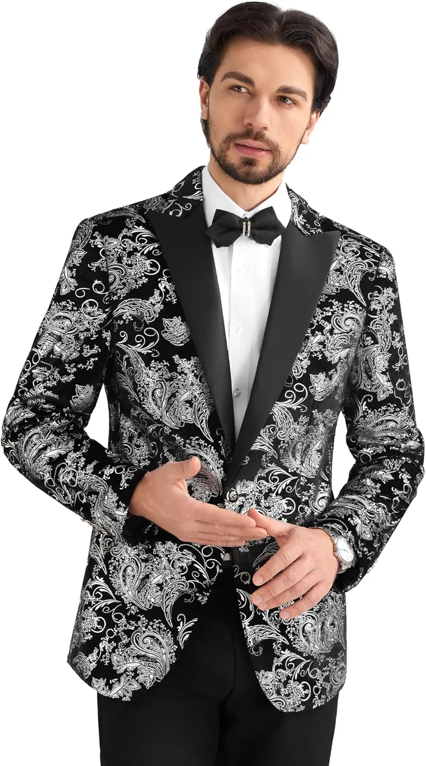 MAGE MALE Men's Velvet Floral Tuxedo Peak Lapel One Button Dinner Party Prom Wedding Suit Jacket