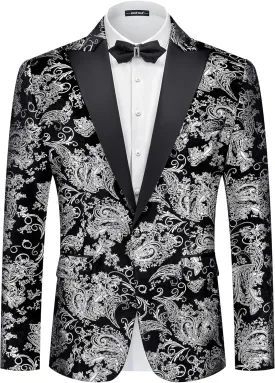 MAGE MALE Men's Velvet Floral Tuxedo Peak Lapel One Button Dinner Party Prom Wedding Suit Jacket