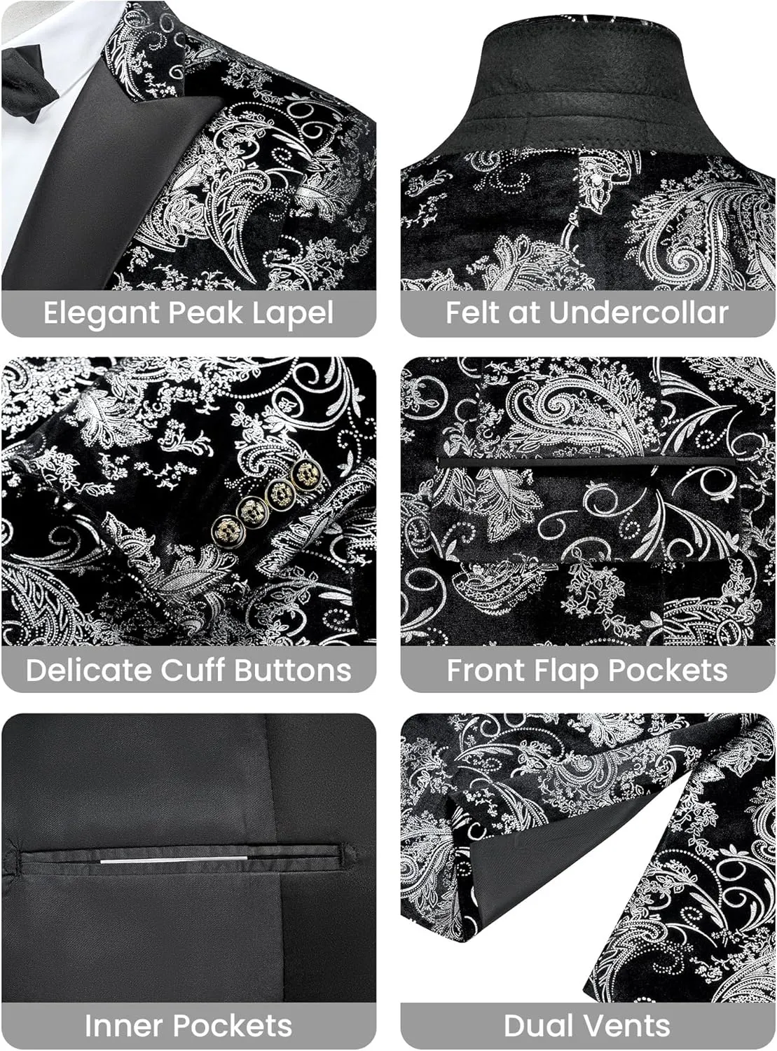 MAGE MALE Men's Velvet Floral Tuxedo Peak Lapel One Button Dinner Party Prom Wedding Suit Jacket