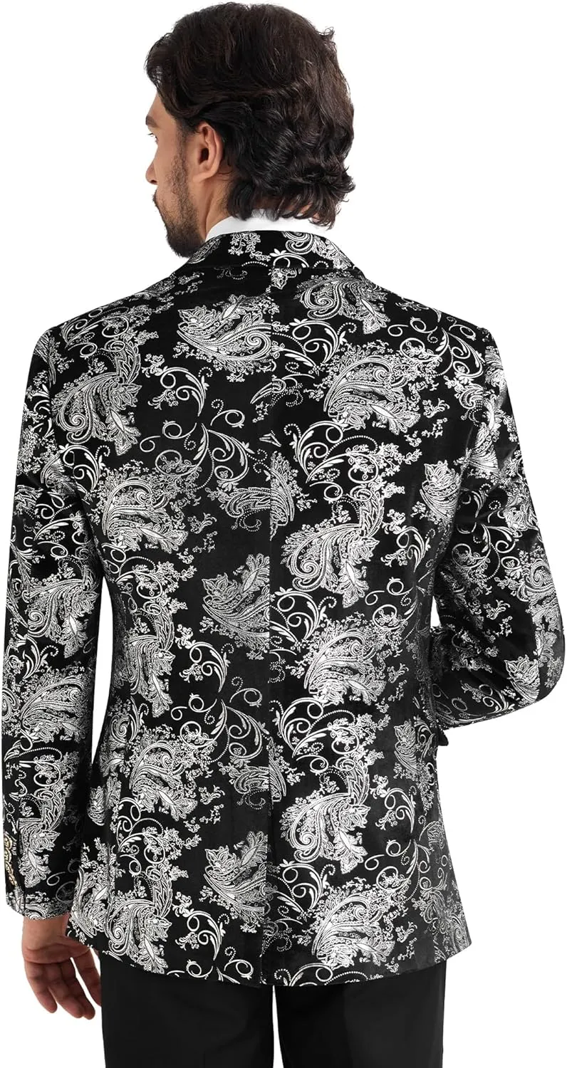 MAGE MALE Men's Velvet Floral Tuxedo Peak Lapel One Button Dinner Party Prom Wedding Suit Jacket