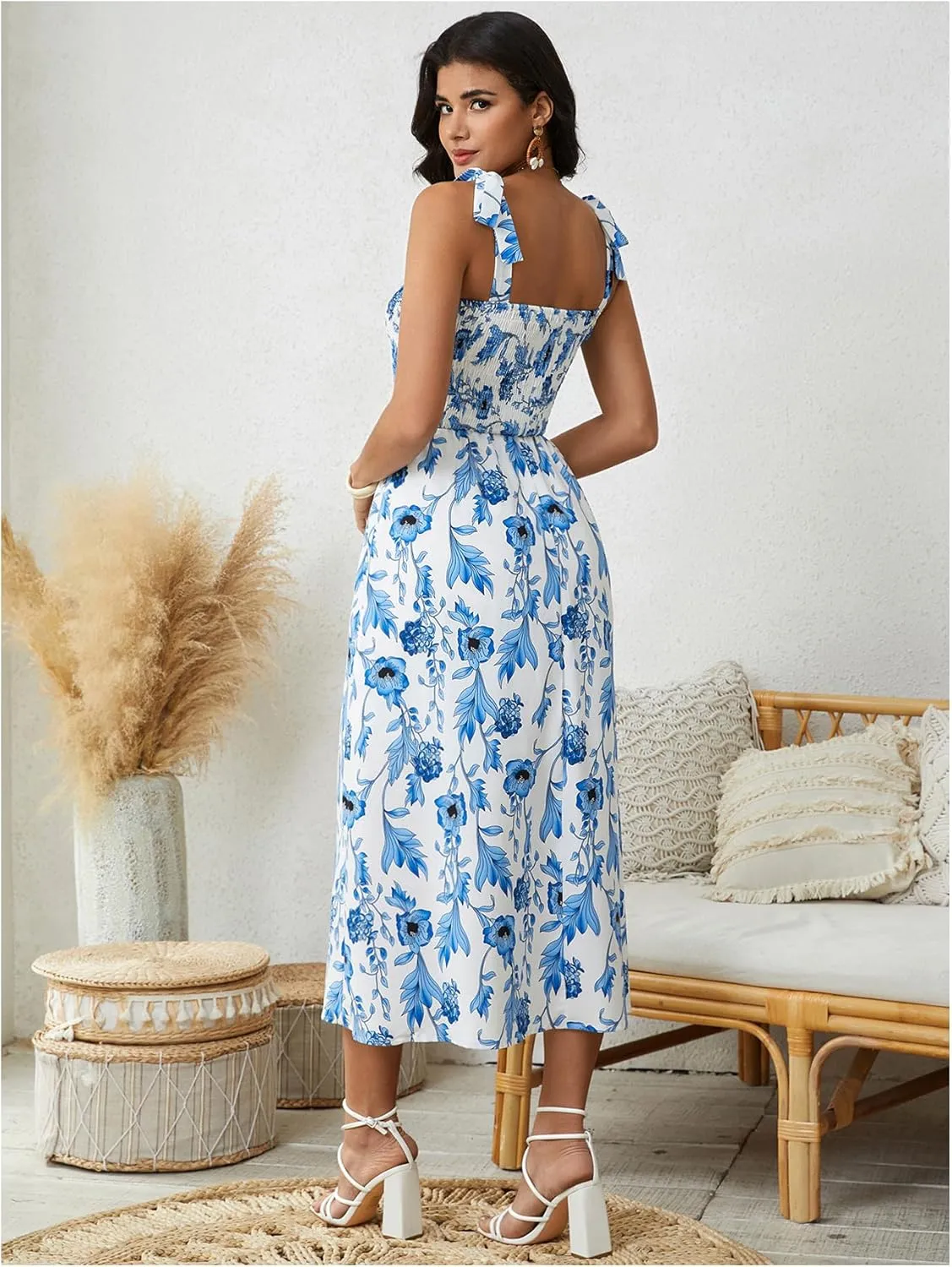 MakeMeChic Women's Summer Floral Dresses 2025 Beach Vacation Casual Blue and White Long Maxi Sundresses