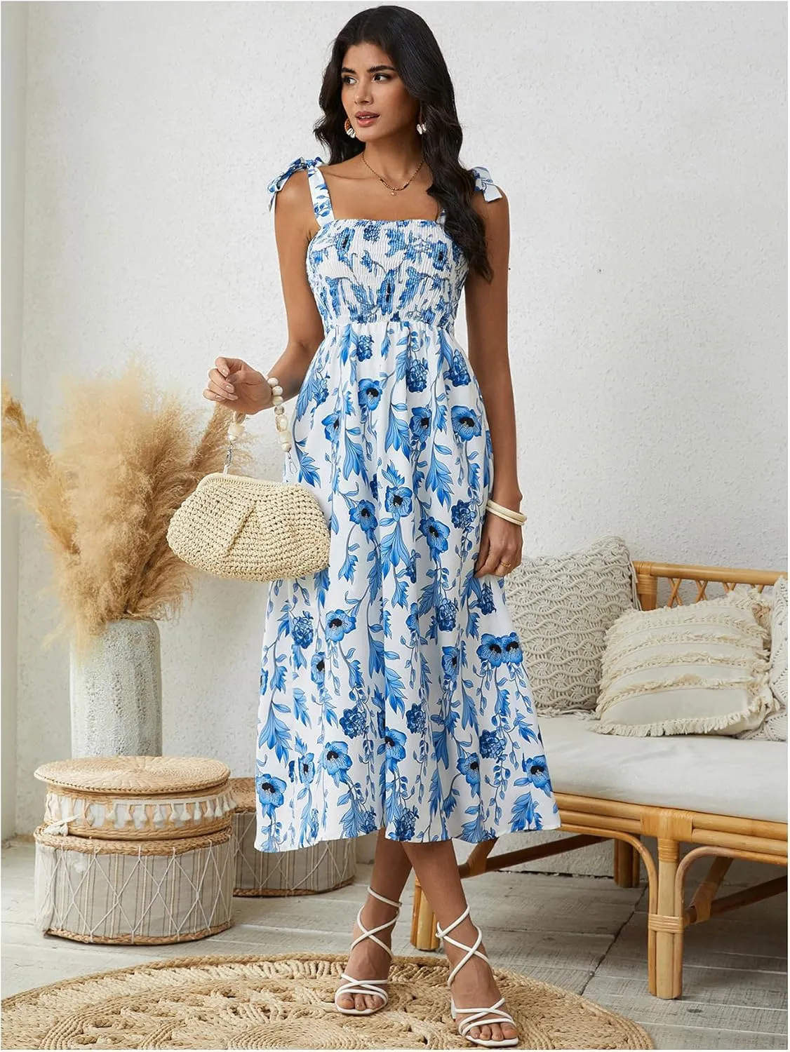 MakeMeChic Women's Summer Floral Dresses 2025 Beach Vacation Casual Blue and White Long Maxi Sundresses