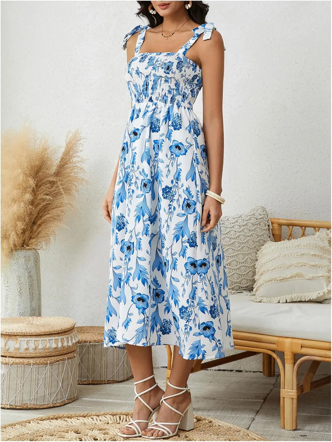 MakeMeChic Women's Summer Floral Dresses 2025 Beach Vacation Casual Blue and White Long Maxi Sundresses