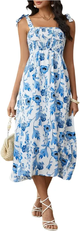 MakeMeChic Women's Summer Floral Dresses 2025 Beach Vacation Casual Blue and White Long Maxi Sundresses