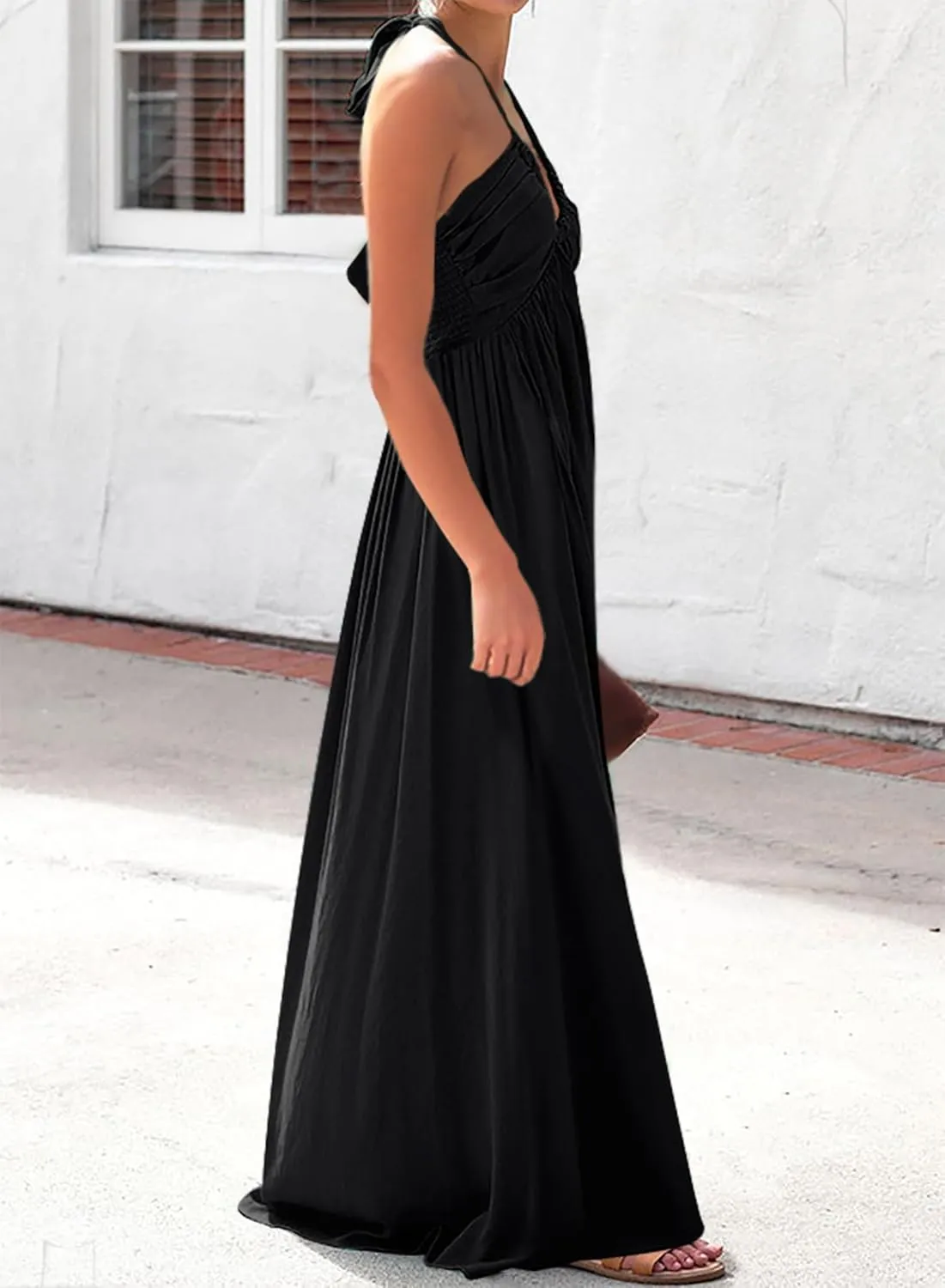 Maxi Chiffon Dresses for Women 2025 Sexy Halter V Neck Backless Smocked High Waisted A Line Beach Vacation Sundress