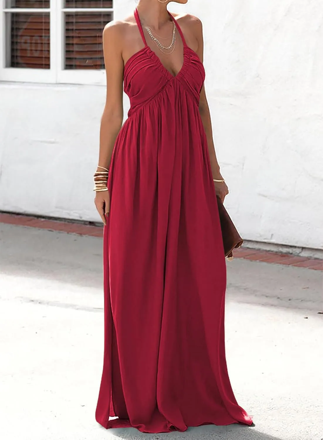 Maxi Chiffon Dresses for Women 2025 Sexy Halter V Neck Backless Smocked High Waisted A Line Beach Vacation Sundress