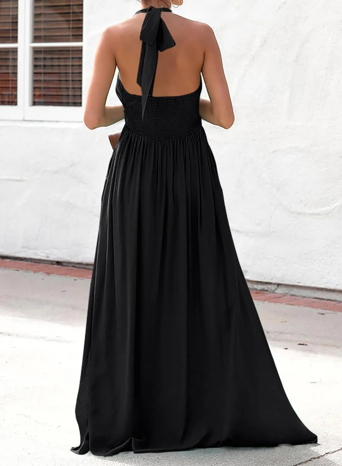 Maxi Chiffon Dresses for Women 2025 Sexy Halter V Neck Backless Smocked High Waisted A Line Beach Vacation Sundress