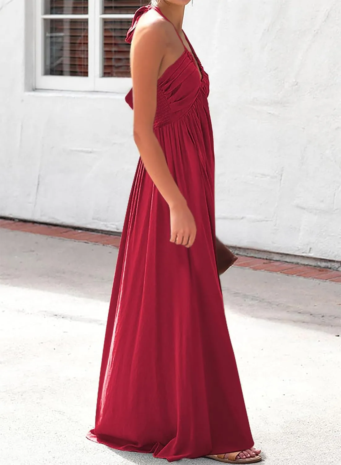 Maxi Chiffon Dresses for Women 2025 Sexy Halter V Neck Backless Smocked High Waisted A Line Beach Vacation Sundress