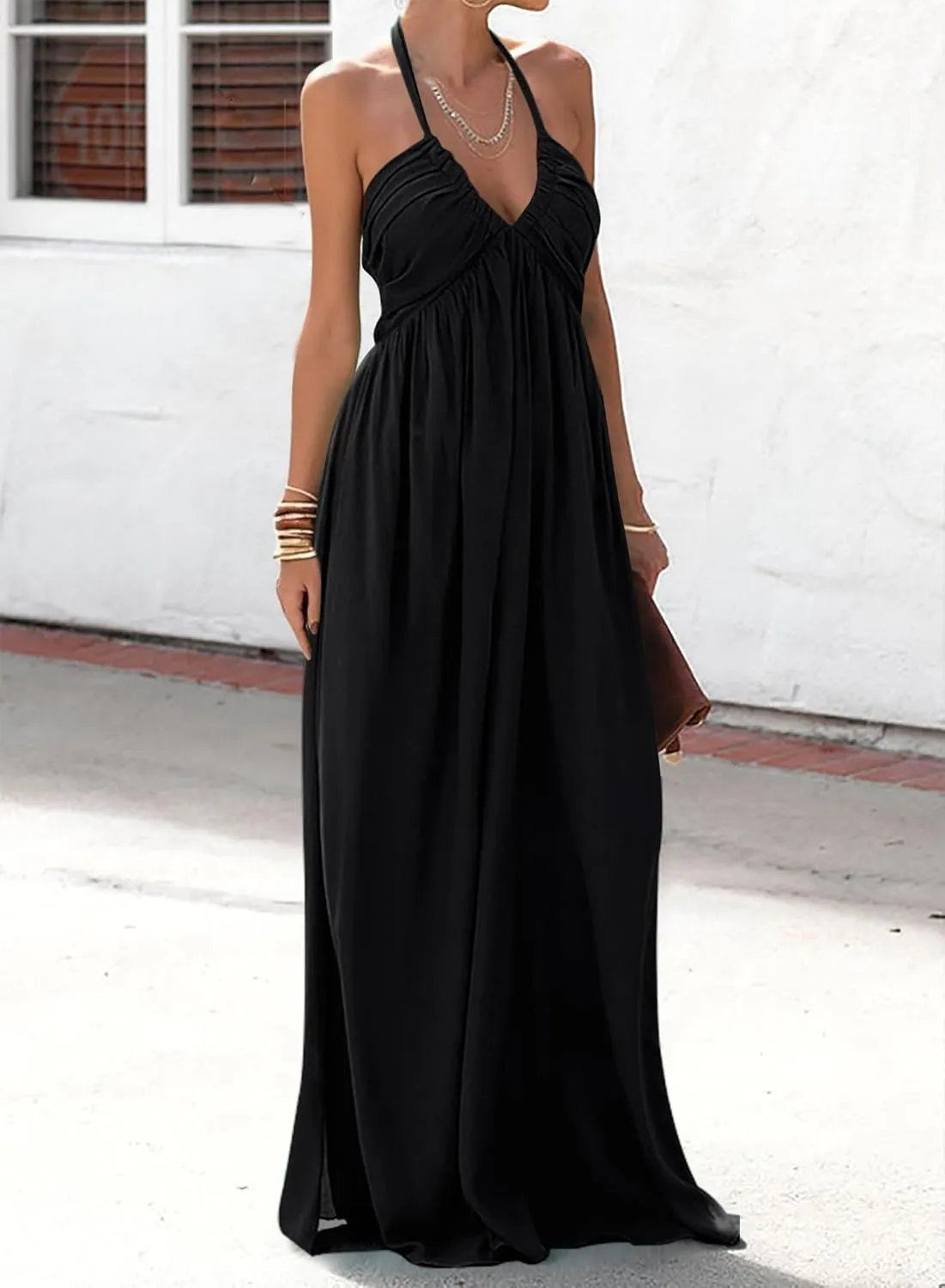 Maxi Chiffon Dresses for Women 2025 Sexy Halter V Neck Backless Smocked High Waisted A Line Beach Vacation Sundress