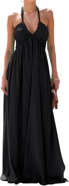 Maxi Chiffon Dresses for Women 2025 Sexy Halter V Neck Backless Smocked High Waisted A Line Beach Vacation Sundress