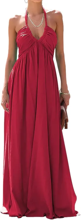 Maxi Chiffon Dresses for Women 2025 Sexy Halter V Neck Backless Smocked High Waisted A Line Beach Vacation Sundress