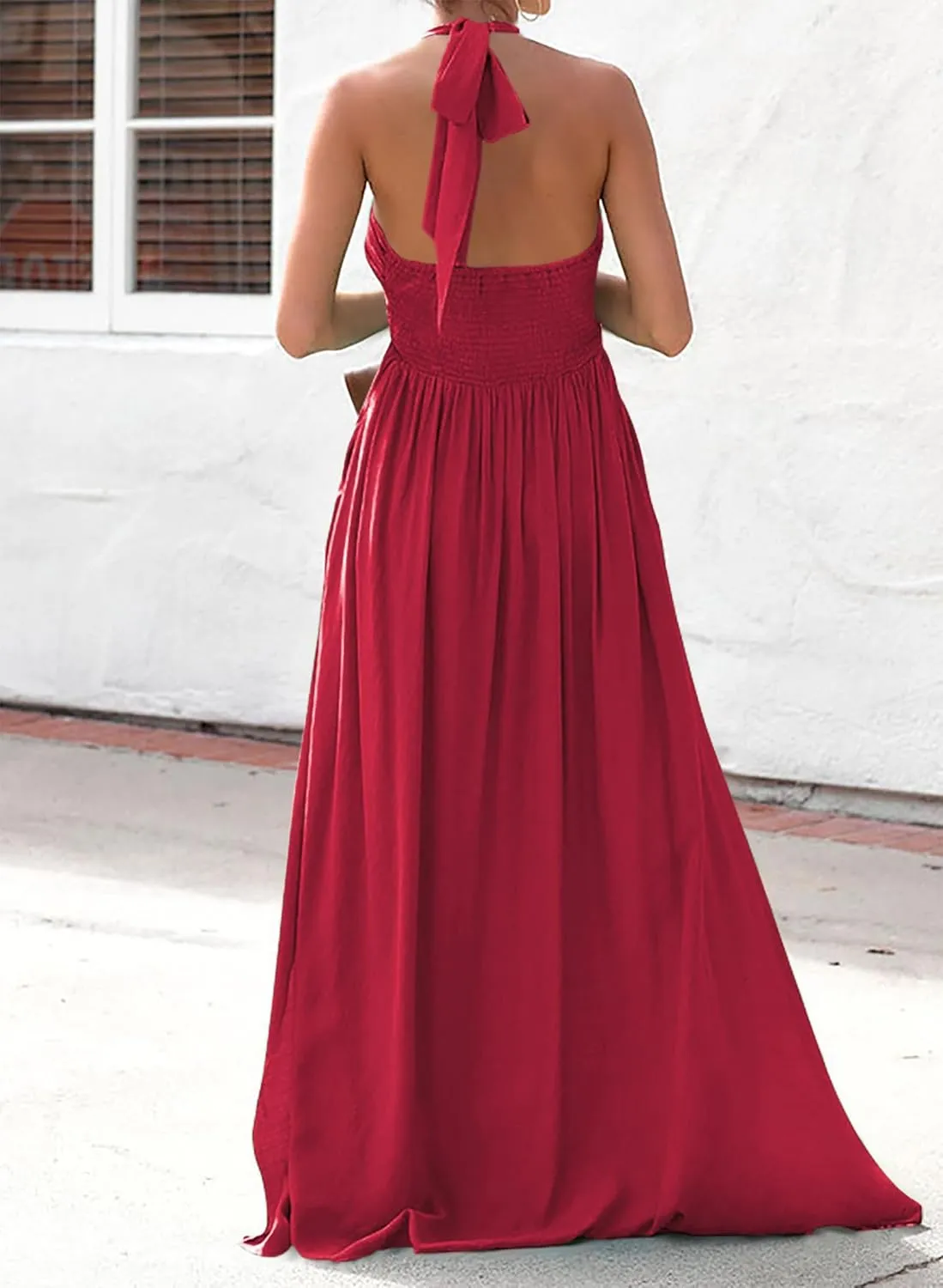 Maxi Chiffon Dresses for Women 2025 Sexy Halter V Neck Backless Smocked High Waisted A Line Beach Vacation Sundress