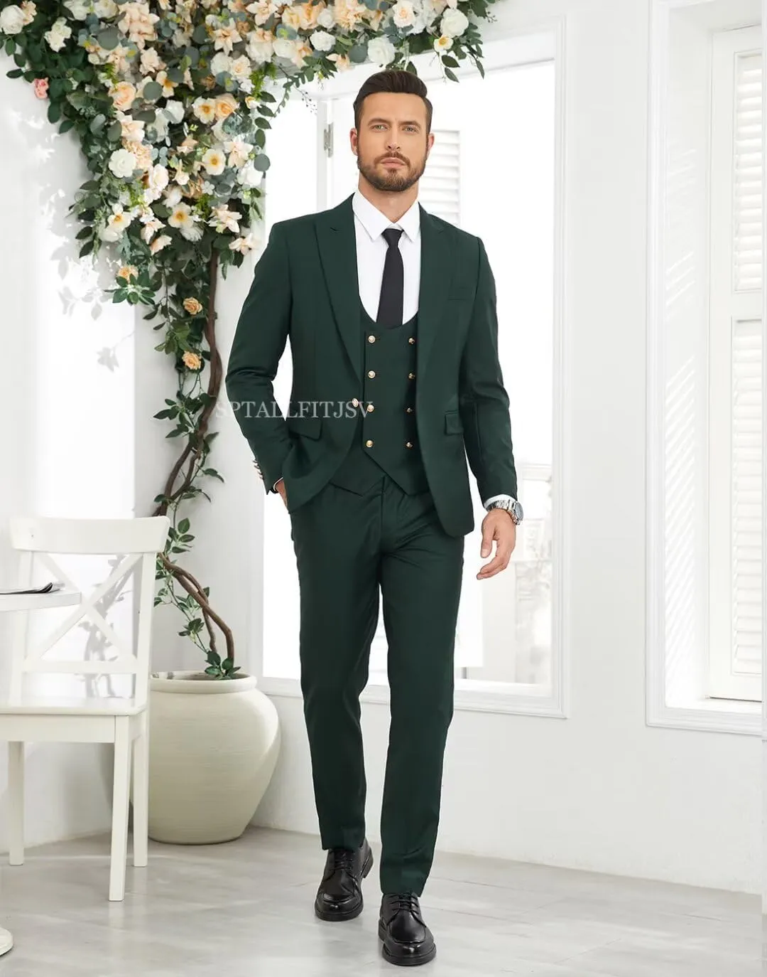 Men 3 Pieces Suits Slim Fit Wedding Prom Solid Blazer Double Breasted Vest and Pants Gold Button Tuxedo Set