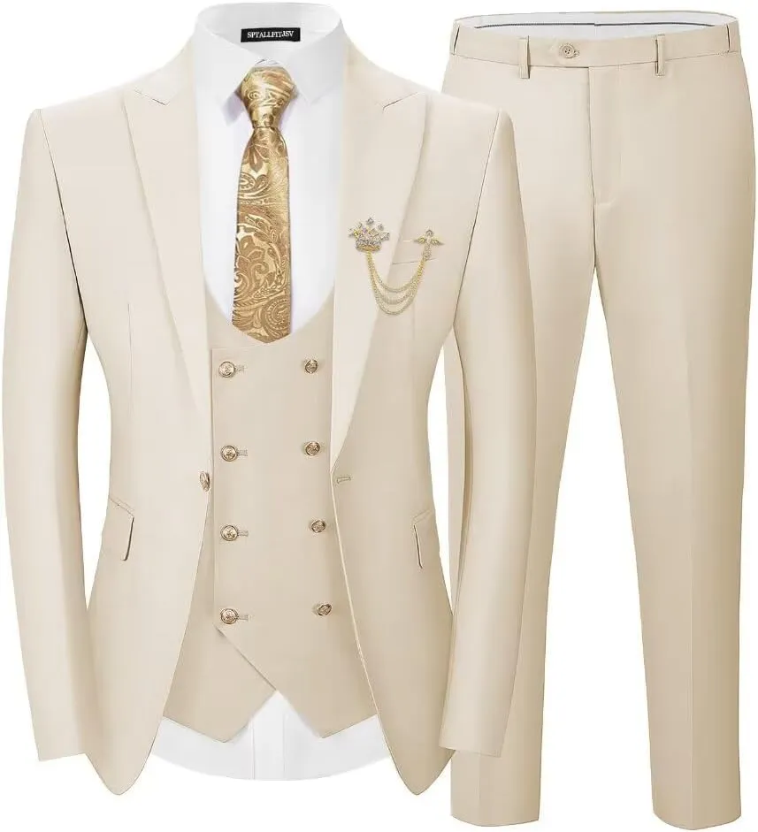 Men 3 Pieces Suits Slim Fit Wedding Prom Solid Blazer Double Breasted Vest and Pants Gold Button Tuxedo Set