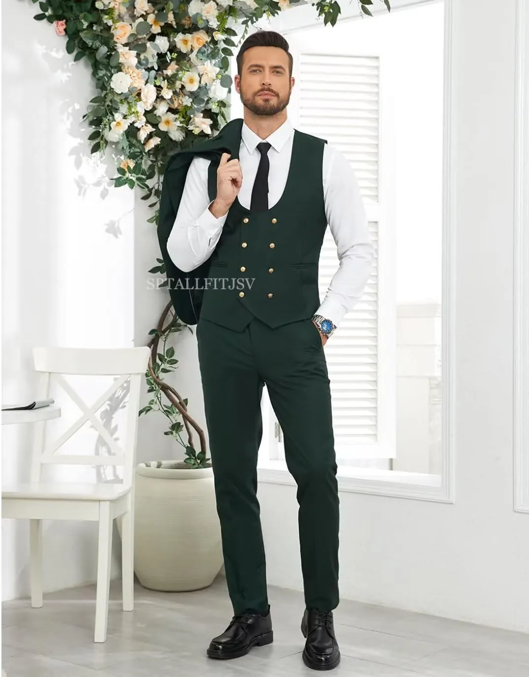 Men 3 Pieces Suits Slim Fit Wedding Prom Solid Blazer Double Breasted Vest and Pants Gold Button Tuxedo Set