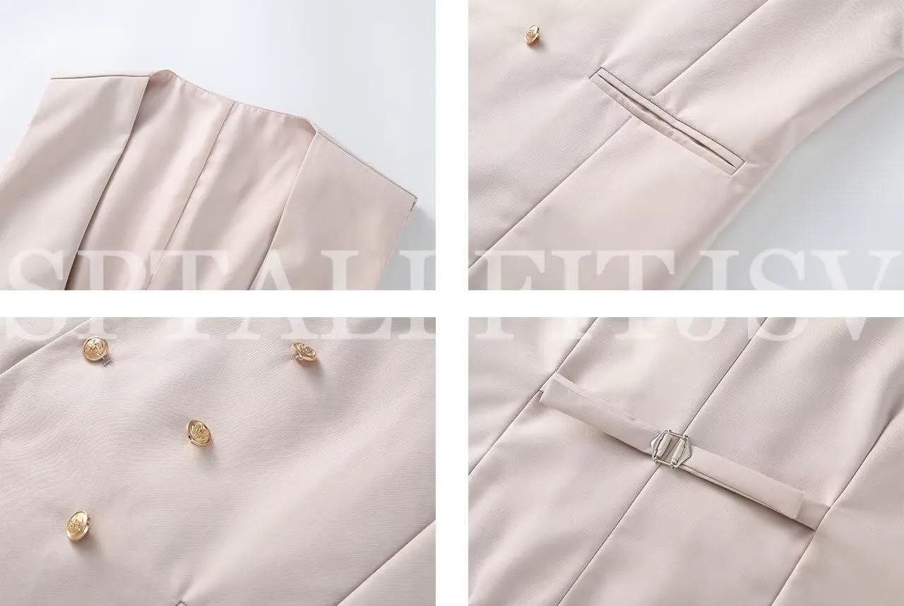 Men 3 Pieces Suits Slim Fit Wedding Prom Solid Blazer Double Breasted Vest and Pants Gold Button Tuxedo Set