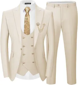 Men 3 Pieces Suits Slim Fit Wedding Prom Solid Blazer Double Breasted Vest and Pants Gold Button Tuxedo Set