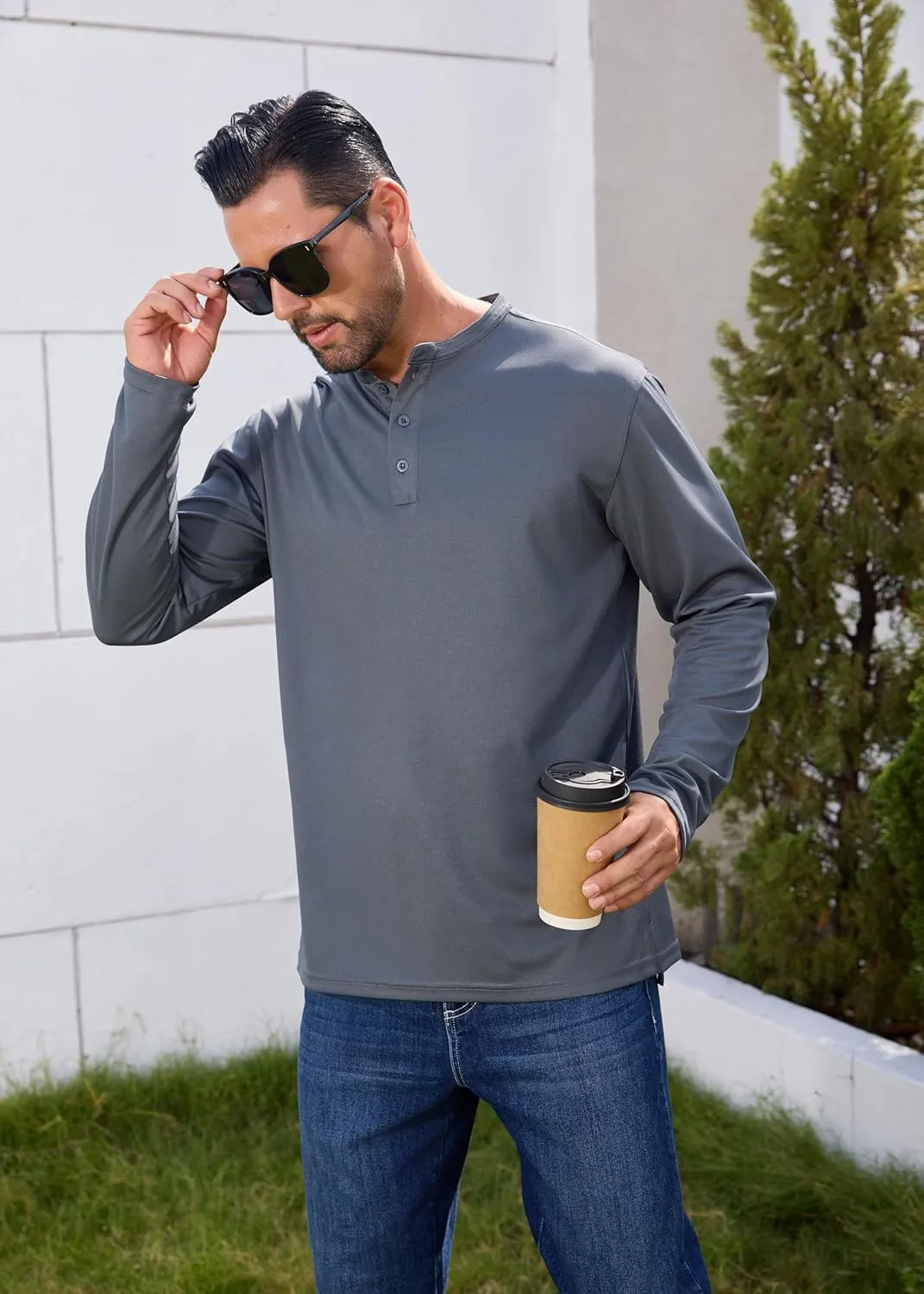 Men Henley Shirts Long Sleeve Polo Shirt Basic Tee Casual T-Shirt Button Collared Lightweight Quick Dry Top