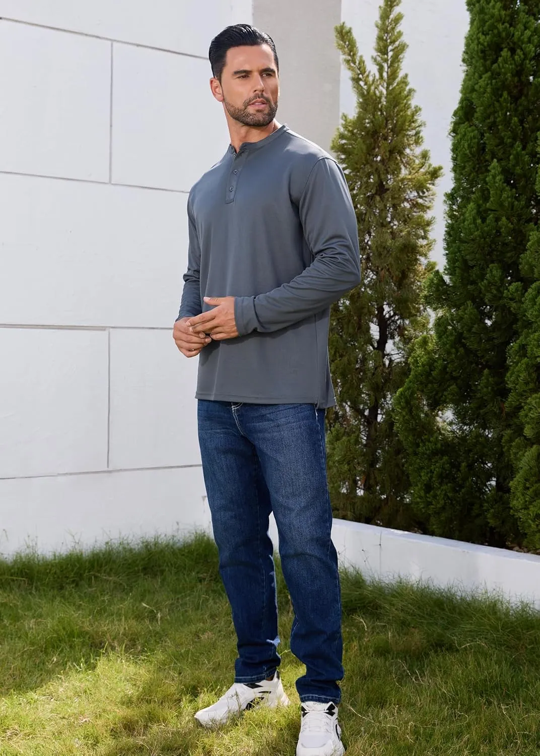 Men Henley Shirts Long Sleeve Polo Shirt Basic Tee Casual T-Shirt Button Collared Lightweight Quick Dry Top