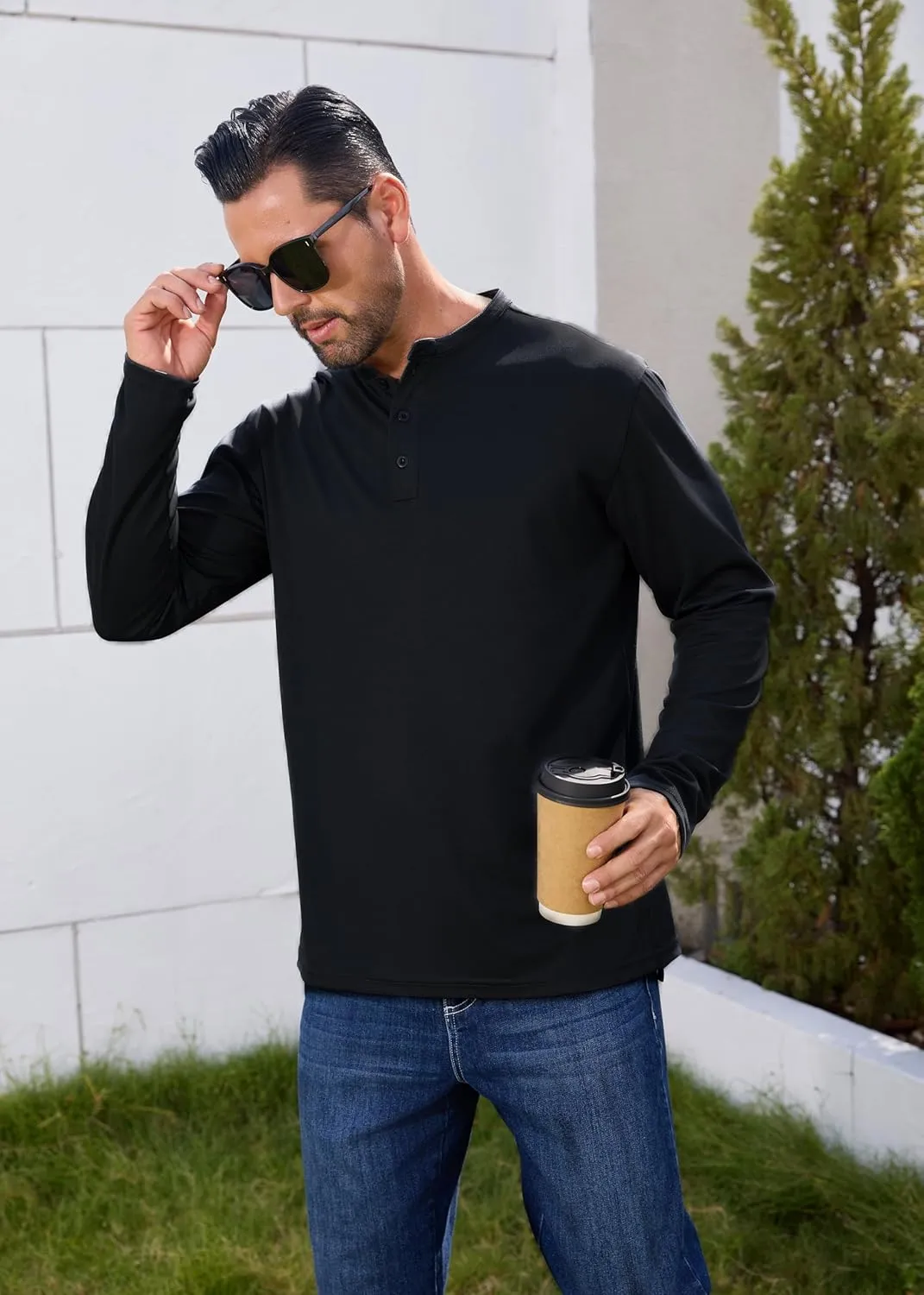 Men Henley Shirts Long Sleeve Polo Shirt Basic Tee Casual T-Shirt Button Collared Lightweight Quick Dry Top