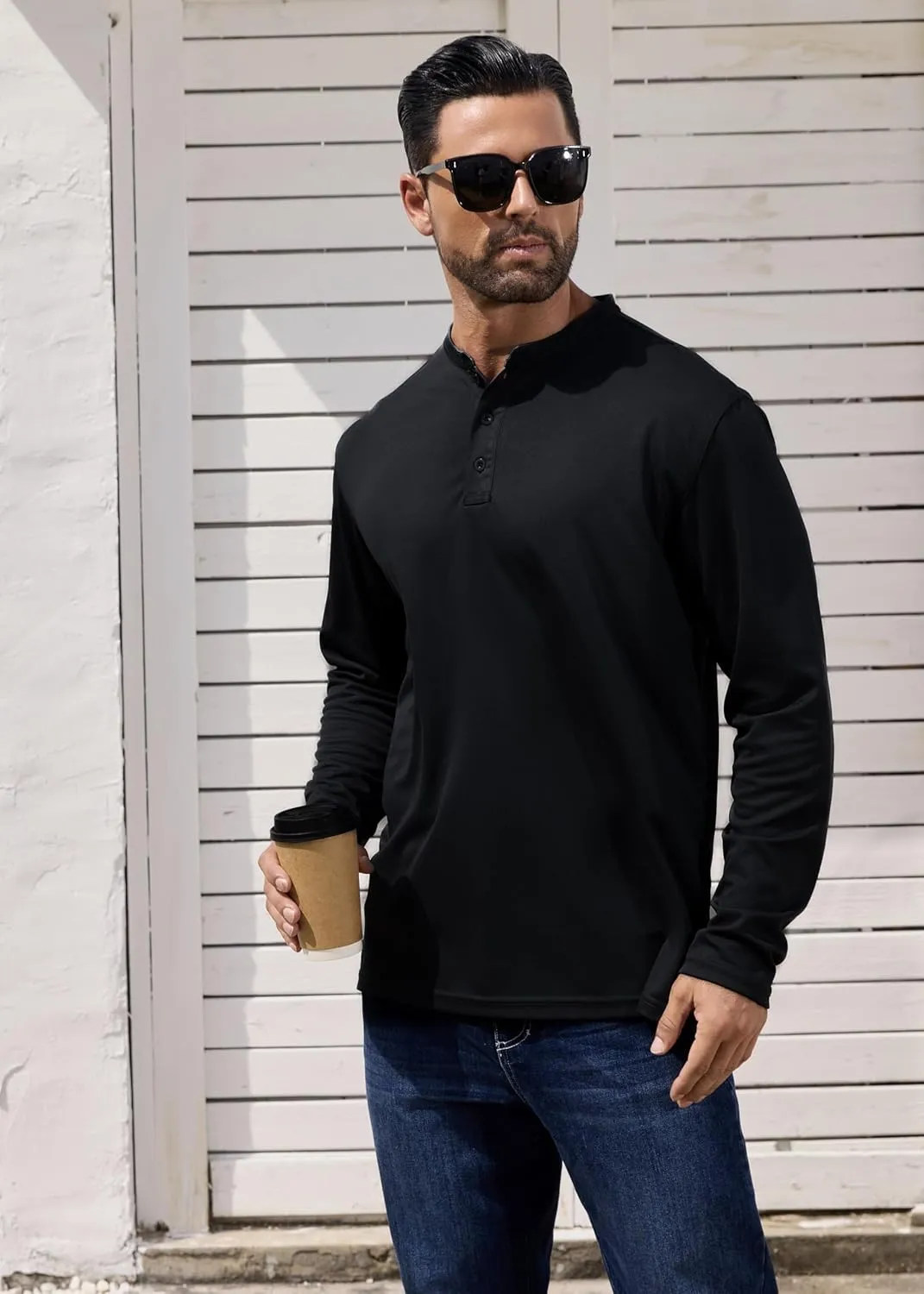 Men Henley Shirts Long Sleeve Polo Shirt Basic Tee Casual T-Shirt Button Collared Lightweight Quick Dry Top