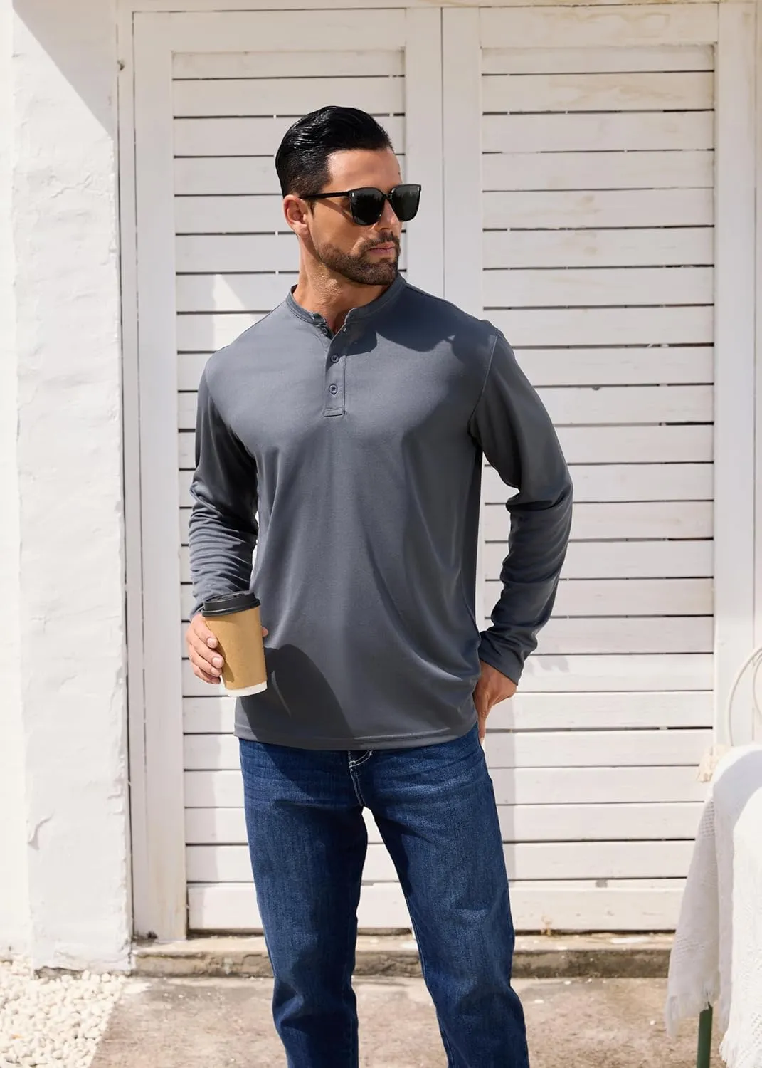 Men Henley Shirts Long Sleeve Polo Shirt Basic Tee Casual T-Shirt Button Collared Lightweight Quick Dry Top