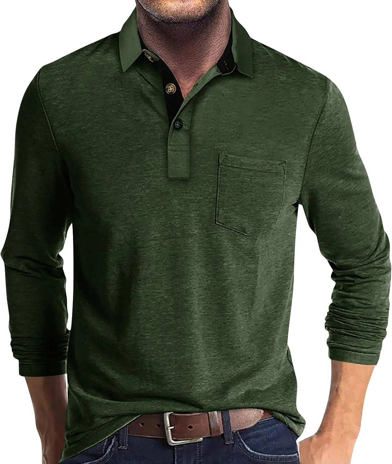 Men's 2025 Classic Fit Casual Short Sleeve Vintage Dual Tipped Collar Button Down Polo Shirt with Pocket
