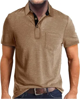 Men's 2025 Classic Fit Casual Short Sleeve Vintage Dual Tipped Collar Button Down Polo Shirt with Pocket