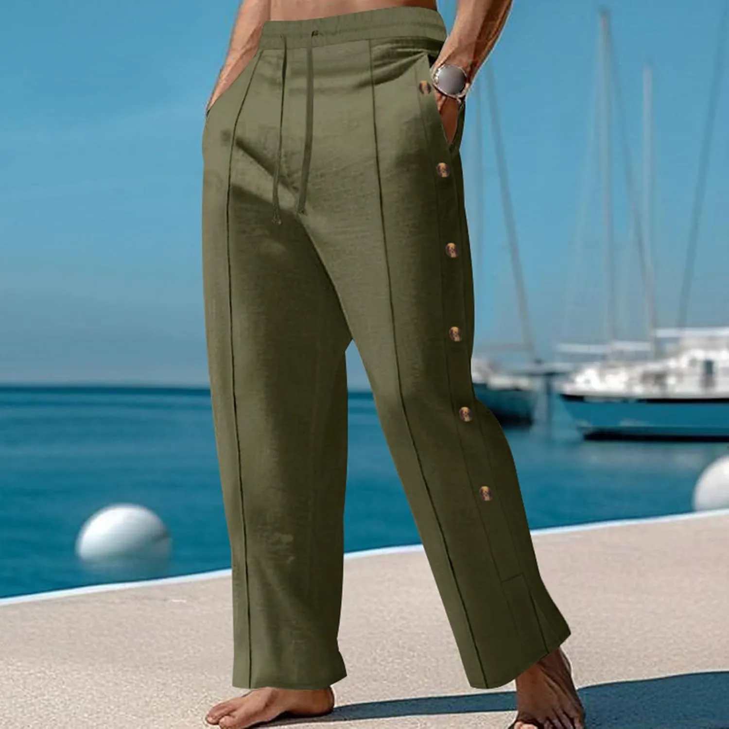 Mens Cotton Linen Elastic Waist Drawstring Trendy Button Decoration Comfy Yoga Summer Beach Trousers Pants