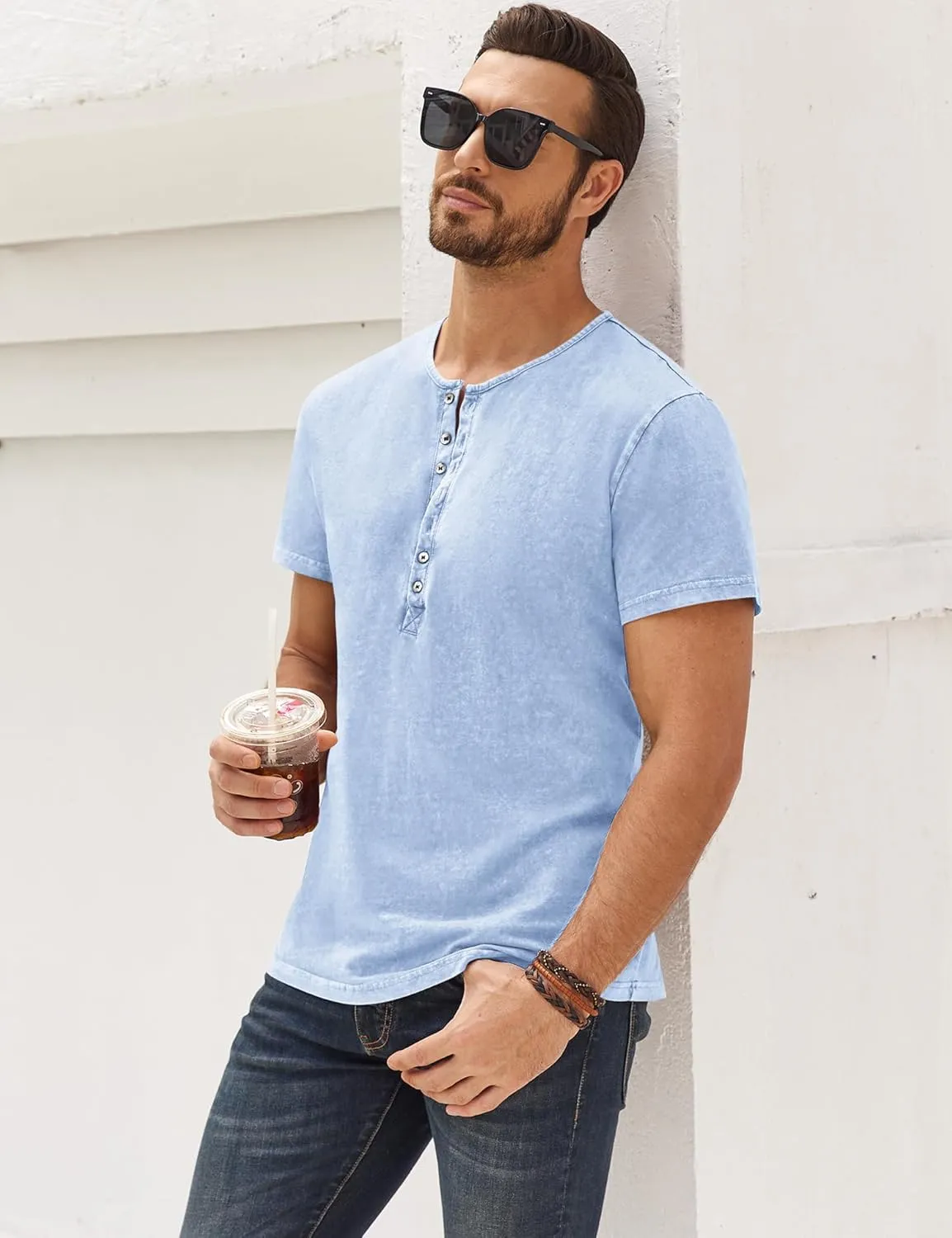 Mens Distressed Henley Shirts Retro Short Sleeve Tee Shirts Casual Button Down Washed T-Shirts for Men
